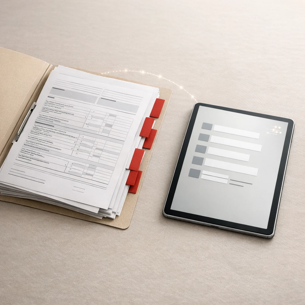 Photo éditoriale montrant des déclarations papier organisées dans un système digital