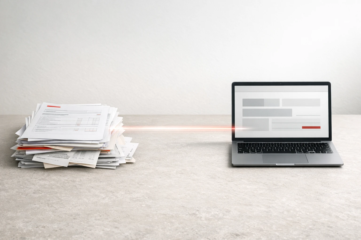 Photo éditoriale montrant des déclarations papier reliées à une préparation digitale automatique