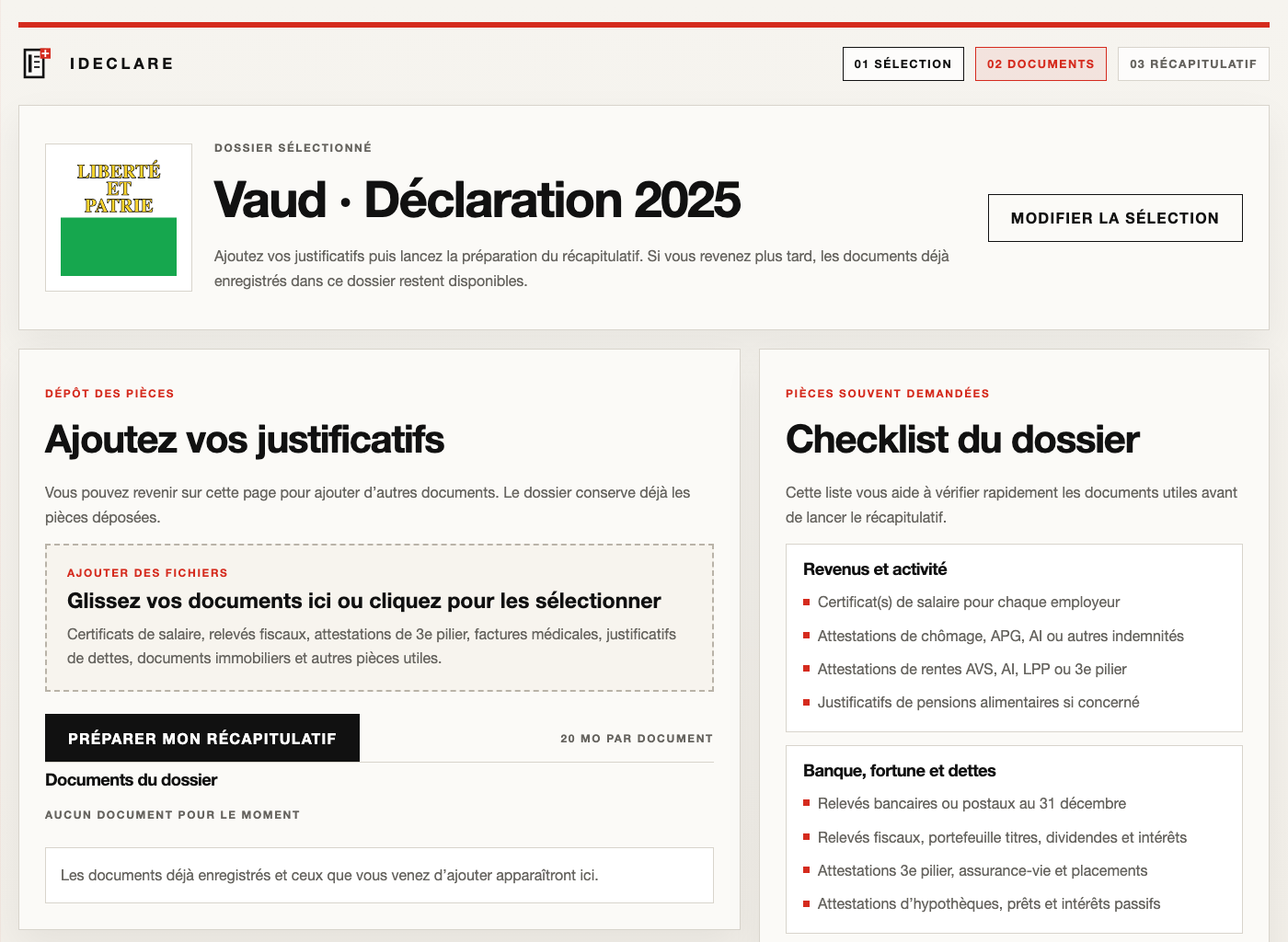 Écran de dépôt des justificatifs et checklist dans IDECLARE