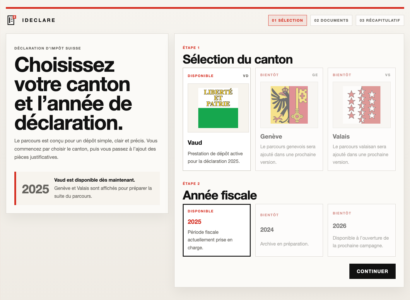 Écran de sélection du canton et de l’année fiscale dans IDECLARE